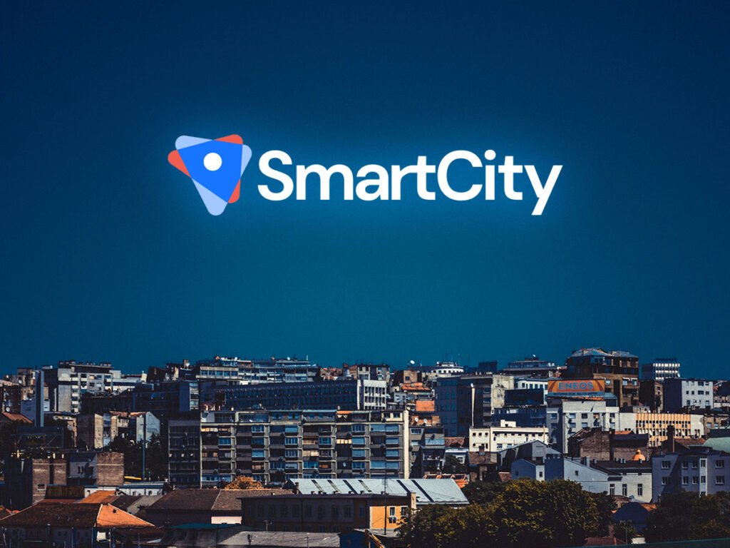 Smart city logo in the sky over the city